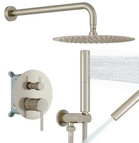 BESy Shower System with 10 Inch Round Rain Shower Head and Handheld Wall Mounted, High Pressure Rainfall Shower Faucet Fixture Combo Set with 2 in 1 Handheld Showerhead for Bathroom, Brushed Nickel