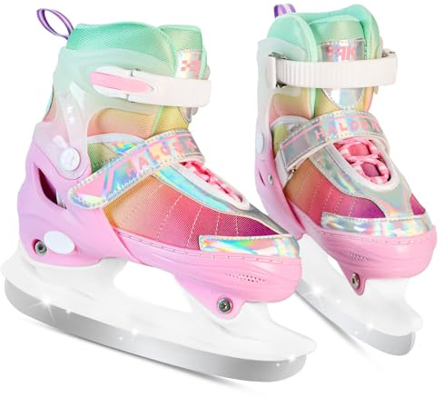 HALOSK Girls Ice Skates for Kids Boys, Adjustable Kids Skates for Outdoor Indoor Rink, Rainbow Soft and Comfortable Lining Ice Skating Shoes Ages 5-8 Youth (Rainbow Pink, Small - Litter Kids)