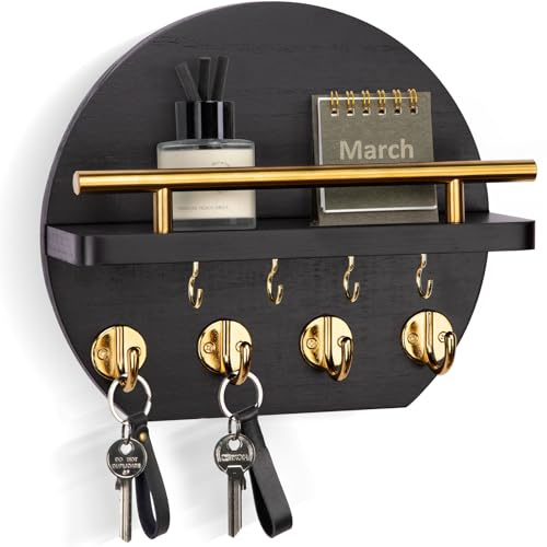 Nekon Key Holder for Wall - 9.8 Inch Apartment Wall Decor with Shelf and 8 Key Hooks, Circular Wood Key Hanger for Home Decor (Black&Gold)