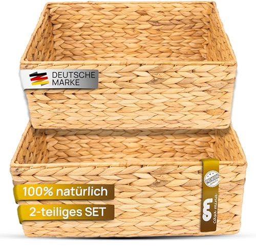 Casa Mina Korb Aufbewahrung 2er Set (M+L) 100% natürlich aus Wasserhyazinthe I Dekorative Körbe Aufbewahrung für jeden Raum I Aufbewahrungskorb mit robustem Metallgestell