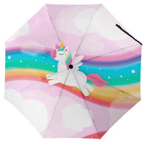 YBQLNP Kompakter Reise Regenschirm Regenbogen Einhorn Taschenschirm Automatisch Auf Und Zu Faltbarer Sonnenschirm