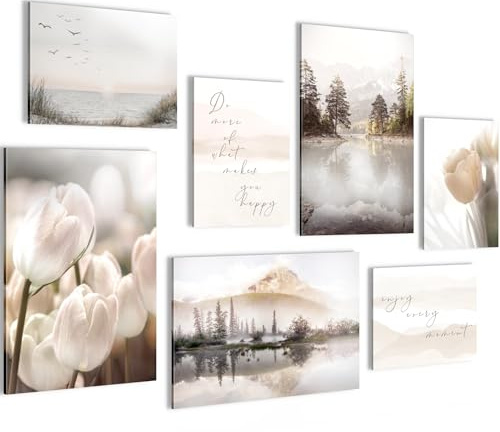 Novart Bilder Natur Landschaft - KOMPLETT AUFHÄNGFERTIG - Beige Wohnzimmer Schlafzimmer Flur - 7 Moderne Mood-Bilder - N035872a