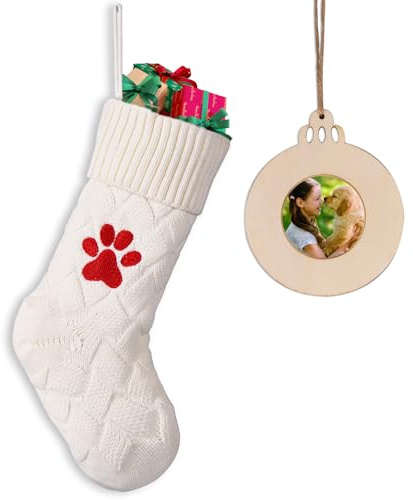MOSTOP Knit Christmas Stocking, Large White Pet Stocking with Paw Embroidery Xmas Hanging Stocking for Home Decorations Party Favor Supplies