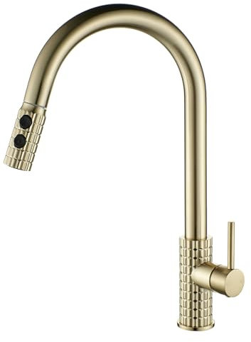 Rubinetto da cucina dorato, rubinetto da cucina ad alta pressione con doccetta estraibile, miscelatore girevole a 360°