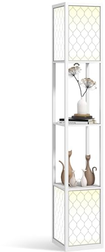 HOMCOM Floor Lamp with Shelves, Modern Tall Standing Lamps with Fabric Lampshade, Chain Switch and Dual Light for Living Room, Bedroom, Bulb not Included, White