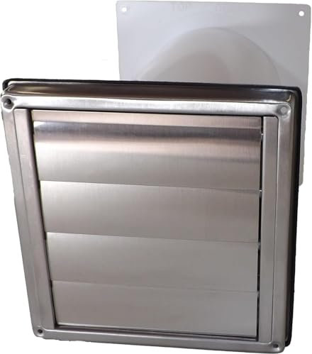Caisson mural en acier inoxydable DN150, traversée de mur, diamètre : 150 mm, avec tube télescopique, clapet anti-retour et moustiquaire en acier inoxydable, store extérieur avec lamelles pour hottes