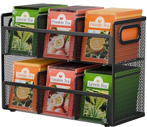 Volmop 2 Tier Tea Bag Organizer, Mesh Tea Bag Holder with Handle, Teabag Holder, Tea Station Organizer for Countertop, Pantry, Kitchen, Cabinet -Black