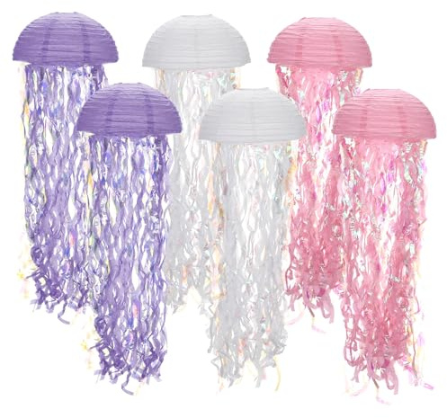 QUARKZMAN 6 Pack Faroles De Medusa De Papel Colgantes Decoraciones Coloridas Para Fiestas De Cumpleaños Con Tema Del Océano Y Bajo El Mar, Rosa, Morado, Blanco