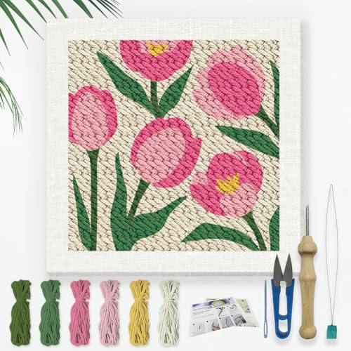 DOODLREAM Tulpen Stickset Zum Selbermachen Mit Punch Needle Für Erwachsene Und Anfänger 24cm Blumen Punch Stitching Bastelset Für Anfänger Mit Rahmen Stoffmuster Einfädler Garn Punchneedle