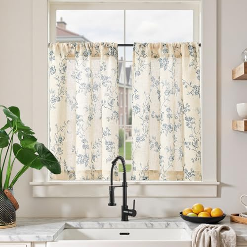 TOPICK Leinen Scheibengardinen 65B x 90H (cm) Blumen Küchenvorhänge Kurz Bedrucktem landhausstil Bistrogardine Halbtransparent Gardinen Fenster Vorhänge für Frühling Wohnzimmer 2er Set,Blau auf Weiß