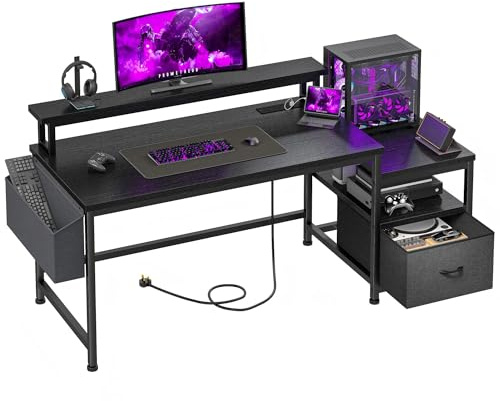 EnHomee Gaming Desk, 140x50CM Big Sturdy Computer Desk with Drawers, Reversible Corner Desk with Integrated Power Outlets & Monitor Shelf,Home Office Table for Study Compact Room Easy Assembly