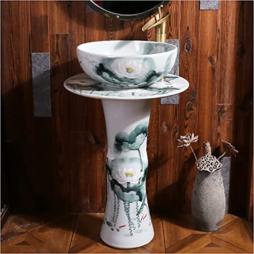 FHSLKXIM Lavabo De Baño Independiente Art Hotel Home Lavabo De Baño De Cerámica Lavabo con Orificio Completo Y Un Grifo Lavabo De Pie Redondo Lavabo De Cerámica Lavabo Y, C, con Espejo