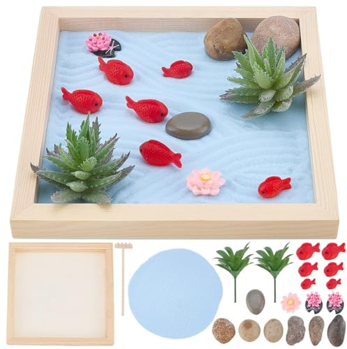WEBEEDY Japanese Zen Garden Kit for Desk, Fish Lotus Pond Mini Zen Sand Garden Desktop Accessories Gift for for Adult Home Room Office Decor,15 cm Round Tray