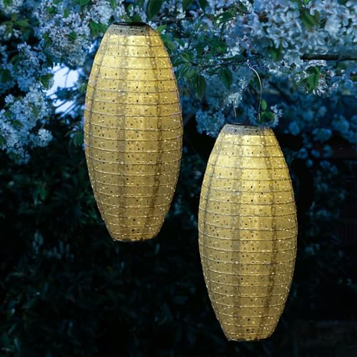 LED Solar Lampions oval mit Blumenmuster beige 25cm für Party Balkon Terrasse outdoor 2er set Gartenlampions mit Sensor wetterfeste Solarlampe hängend Laterne (beige - 2 Stück (oval))
