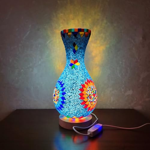 Maimeili Retro türkische Mosaik Vase Lampe türkische marokkanische Tischlampe bunte handgefertigte Glasvase mit Holzbasis für Blumen USB Lade Dekor Licht für Schlafzimmer Umgebung Wohnzimmer