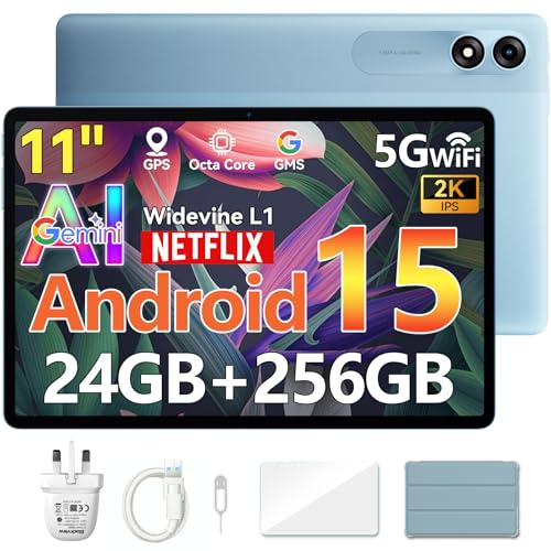 Blackview Android 15 Tablet with Gemini Ai, Android tablet 11 inch with 24GB+256GB/2TB TF, 5G WiFi Tablets, Octa Core Cpu, 8200mAh, 2K Incell Screen, 13MP+8MP Camaras/Face ID, Blue