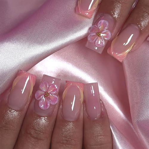 Auriselle 24 pièces Faux ongles à coller Press on Nails, Carré Français avec Fleurs 3D Brillantes Couverture Complète, jolis ongles artificiels pour Femmes Filles avec Gel Souple, Dégradé Rose-Blanc