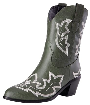 Xbemkste cowboystövlar damstövlar med klack, västerländska stövlar med spettå och broderi, kort skaft, stövlar vintage, mellanskaft, damstövlar, Grön, 38.5 EU