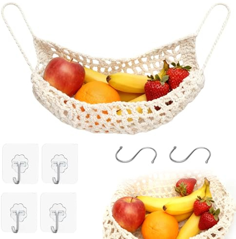 1 Cesto di Frutta da Appendere, Macramè da Appendere, Amaca per Fruttas | Rete per Frutta in Macramè da Appendere, Amaca per Verdura, con 4 Ganci E 2 Ganci Portaoggetti, per Cucina, Casa, Camper