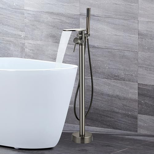 BiaoTeng Mitigeur Baignoire au Sol Cascade Pivoter à 360° eau Chaude et Froide Robinet Sur Pied Pour Baignoire Ilot Laiton Gris