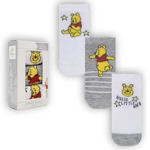 Disney Winnie the Pooh Baby Unisex Socken 3 Paar Geschenkbox Set Grau und Weiß, grau und weiß, 0-6 Months