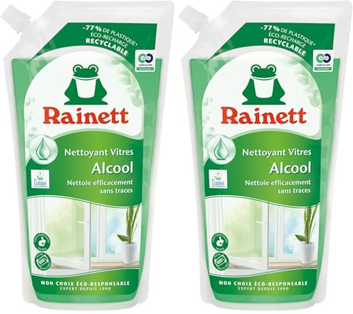 RAINETT - Nettoyant Vitres à l'Alcool - Nettoie & Fait Briller - Action Dégraissante - Résultat Sans Traces - Poche 100% Recyclable - Ecolabel - Eco-Recharge 1 L (Lot de 2)