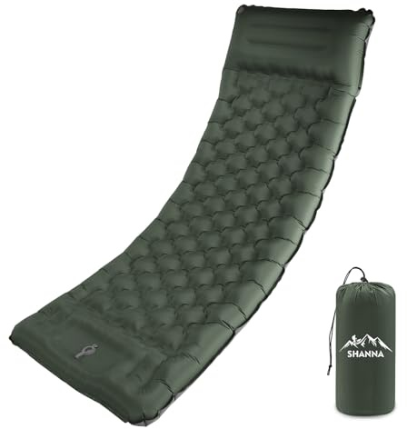 SHANNA Campingsovdyna med kudde: Extra tjock 12 cm ultralätt självuppblåsande luftmatta med inbyggd fotpump enkel komfort uppblåsbar sömnmadrass för cykelpackning (armégrön)