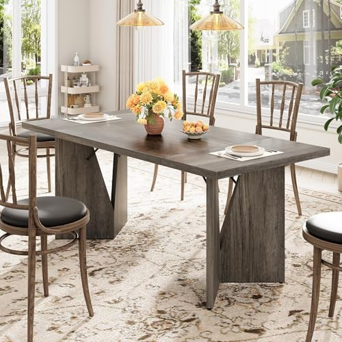 GarveeHome 70.9'' Rectangular Dining Table for 6-8, Wooden Thickened Long Desk, Farmhouse Kichen Table with Sturdy Frame and M-Shaped Legs, for Dining Room, Kitchen, Living Room, Office, Grey