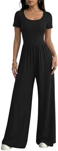 Xiaoliny Combinaison Femme d'Été Chic Col Rond Manches Courtes Jumpsuit Décontracté à Jambe Large Taille Haute Élégant Longue Romper avec Poche Slim Fit Combinaison Pantalon Tenue Fluide Couleur Unie