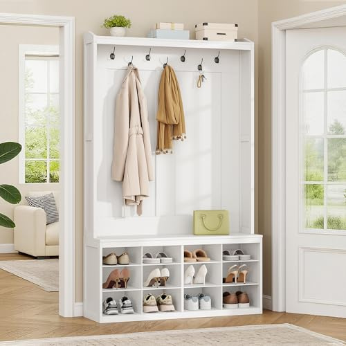 Hzuaneri Garderobsställ, garderob med 12 öppet förvaringsutrymme, vit | Fristående klädställ, 7 dubbla krokar, hallgarderob set, för entré, hall, 32 x 100 x 181,5 cm, HT27803X