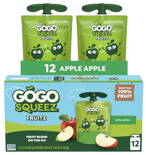 GoGo squeeZ Fruit on the Go, Apple Apple, 90.7 g (12 Pouches) - Tasty Kids Apfelmus Snacks aus Äpfeln - Glutenfreie Snacks für Kinder - Nuss- und Milchfrei - Vegane Snacks | Frucht-Snack für Kinder unterwegs mit Apfelmus und Fruchtpüree; 90 ml Beutel, gluten- und nussfrei, wiederverschließbare