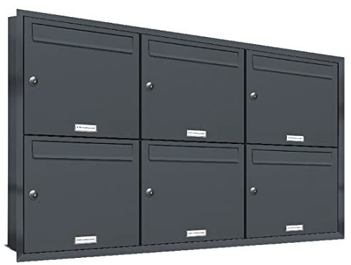 AL Briefkastensysteme, 6er Unterputzbriefkasten in Anthrazit Grau RAL 7016, Briefkastenanlage 6 Fach, Postkasten modern