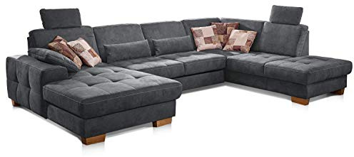CAVADORE Sofá Puccino con núcleo de muelles, Ajuste de la Profundidad del Asiento y 2 reposacabezas, sofá en Forma de U, 340 x 86 x 224 cm, Microfibra, Color Gris