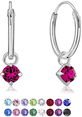 DTPsilver® KLEINE Creolen Ohrringe 925 Sterling Silber mit 3 mm Baumelnde Kristall - Mädchen - Dicke 1.5 mm - Durchmesser 14 mm - Farbe : Fuchsie