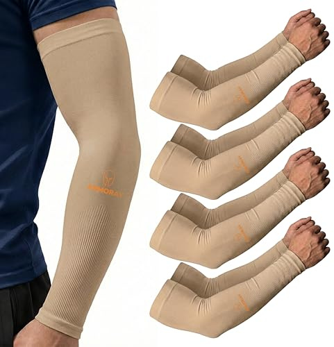 ARMORAY Arm Sleeves for Men & Women - 4 Pair UV Sun Protection Cooling Compression - Tattoo Cover Up Sleeve for Work (Beige)