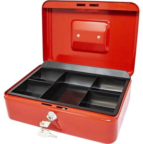 10 RED SAFE SECURITY STEEL METAL PETTY MONEY BANK DEPOSIT CASH BOX TRAY HOLDER NEW