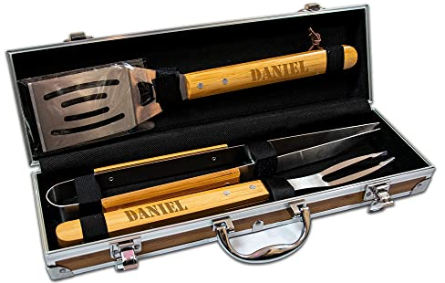 Grill BBQ Holz Set mit Namen - persönliche Gravur - 3 teilig - mit Aufbewahrungskoffer