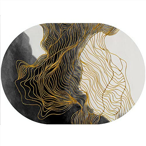 Rururug Teppich Oval Moderner Läufer Orientteppich Kurzflor Flur Schlafzimmer Küche Wohnzimmer rutschfest Waschbar, Schwarzgrau und Weiß mit Goldliniendesign Oval 80 x 150 cm