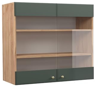 Vicco Küchenglasschrank Fame-Line, Grün-Gold Landhaus/Goldkraft Eiche, 80 cm