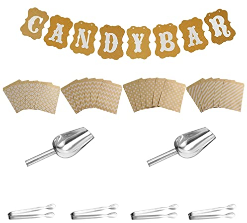 Niaciswe Candy Bar Zubehör 4 Stücke Zuckerzange Rostfreier Stahl 2 Stücke Schaufeln 1 Stück Candybar Girlande Banner 20 Stücke Candy Bar Tüten Candy Bar Set für Party Geburtstag Büfet Candy Bar