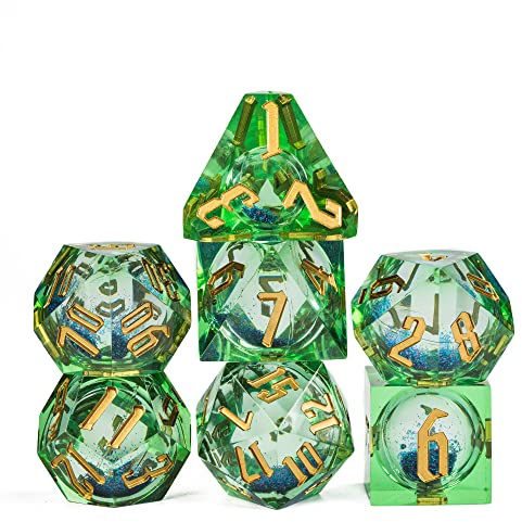 Cusdie 7Pcs Sharp Edges DND Dice, Liquid Core Quicksand D&D Dice, Handcrafted Polyhedral Dice Set, for Role Playing Game (Green w/Blue Quicksand)