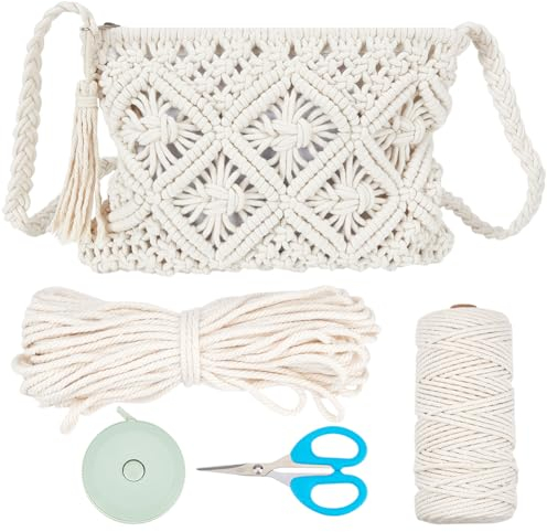 WEBEEDY Makramee-Tasche DIY Kit Bohemian Umhängetasche Makramee Geldbörse Set Für Erwachsene Anfänger, Enthält 3 mm Makramee-Kordel Häkeltaschen Für Frauen Urlaubs-Stranddekoration Mit Anleitung,Beige