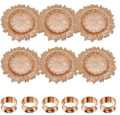 WedDecor Set of 6 Charger Plates and Napkin Rings, Centerpiece Presentation Dinner Plates and Hammered Design Beaded Edge Napkin Rings for Wedding Thanksgiving Birthday Dinner Party Events, Rose Gold