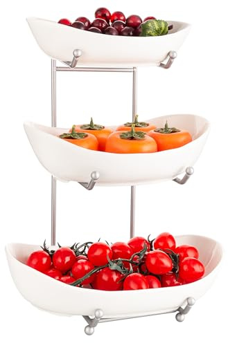 MEIGLQEA 3 Tier Fruit Basket for Kitchen Counter, Silver/White Ceramic Fruit Bowl for Countertop, Home Fruit Rack with Holder, Vegetable Bowl Snacks Nuts Bread Candy Storage (White)