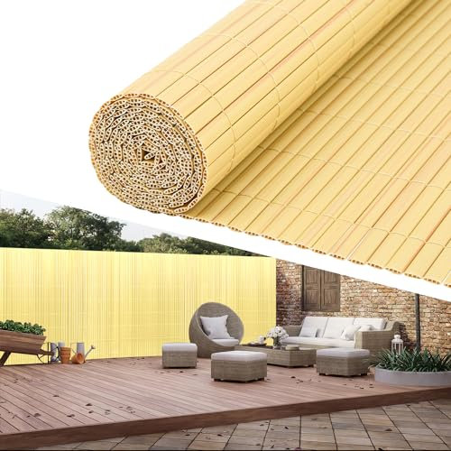 Tubiaz PVC Sichtschutzmatte 180×300cm, Sichtschutz Zaun mit Interne Verstärkung, Balkon Sichtschutz Windschutz, Sonnenschutz, Sichtschutz Garten mit Kabelbinder (Bambus)