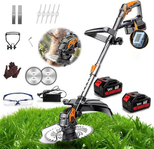 Tagliaerba Elettrico Batteria Senza Filo Con 2*Batteria E Caricatore 24v Decespugliatore A Batteria Multifunzione Con 4 Tipi Di Lame, Maniglia Telescopica, Per Prato Campo Da Giardino (Ha le ruote)