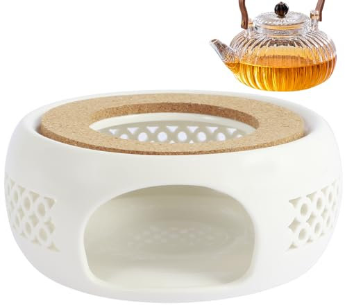 Ceramic Teapot Warmer, Teapot Heater, Porcelain Tea Light Coffee Warmer with Cork Cushion, Candle Heating Stand for Glass, Stainless Steel, and Ceramic Teapots, Elegant Design for Tea Lovers