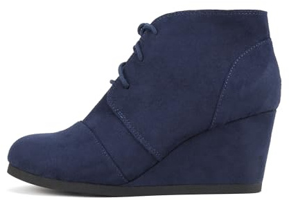 CITYCLASSIFIED “REX” ~ Women Lace Up Rounded Toe Low Wedge Ankle Boot (Navy Imsu, 8)