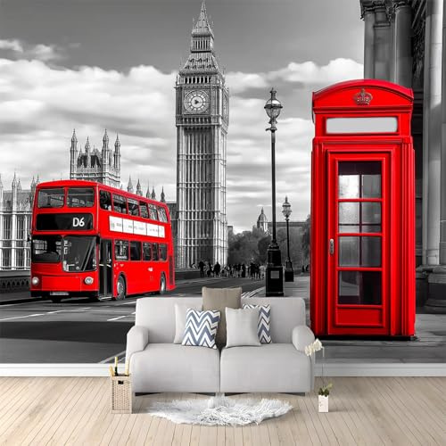 Tapete 3D Fototapete Londoner Eindruck Rote Telefonzelle 350x256 cm Vliestapete Wandtapete Wandbilder 3D Druck Foto Tapeten für Wohnzimmer Schlafzimmer Vlies Tapete Motivtapeten