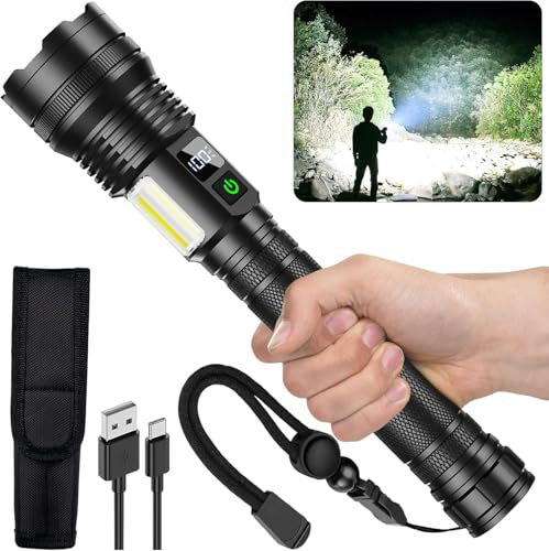 ASORT Wiederaufladbare Taschenlampe 990.000 Lumen, Extrem Hell USB Aufladbar Taktische Taschenlampen, Zoombar, IP67 Wasserdicht 10 Lichtmodi für Home, Outdoor, Notfälle, Patrol, Camping(Mit Akku)